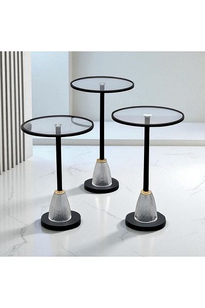 Gharaib Al Tuhaf Luxury Crystal Base Glass Side Table Set - 3 Pieces