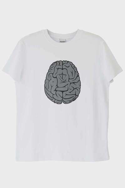 NUUGG تي شيرت أبيض مطبوع عليه رسومات الدماغ