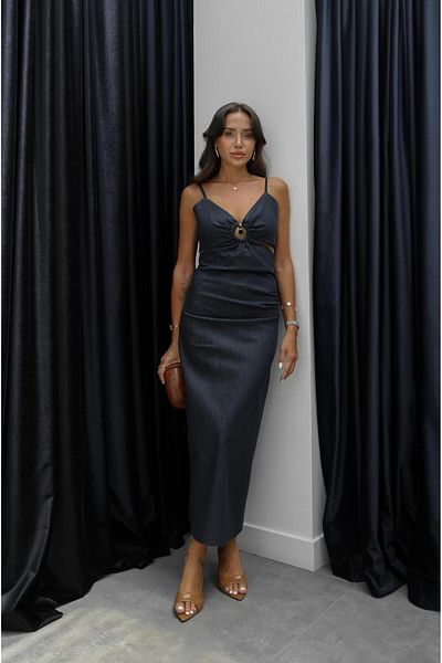 Havoş Navy Blue Ring Detailed Strap Denim Dress