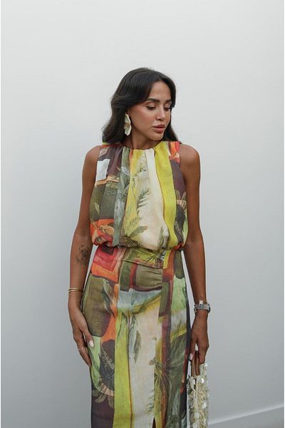 Havoş Patterned Linen Dress with Gather Detail on Top