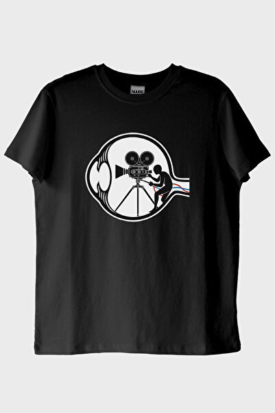 NUUGG تي شيرت أسود بتصميم مطبوع على شكل كاميرا أفلام قديمة