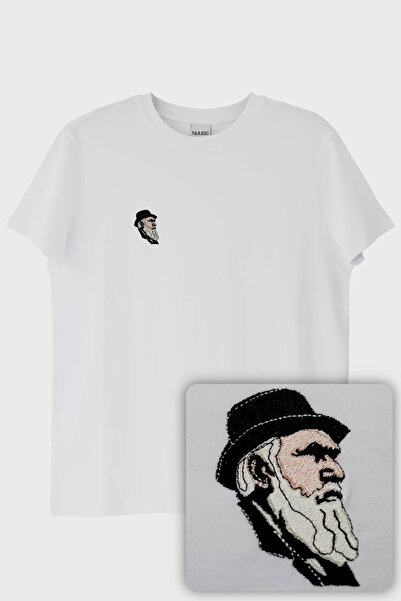 NUUGG تي شيرت مطرز بنمط تشارلز داروين - موضوع شجرة التطور (M / أبيض)