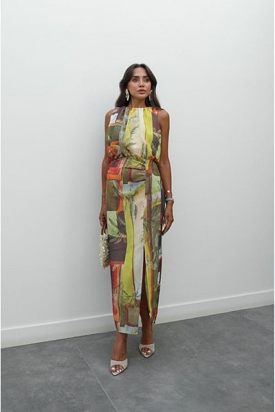 Havoş Patterned Linen Dress with Gather Detail on Top