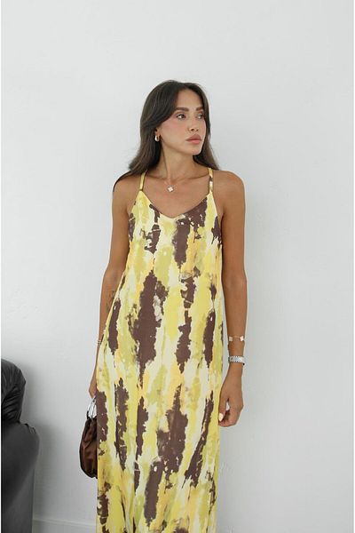 Havoş Yellow Tie-Dye Patterned Satin Dress
