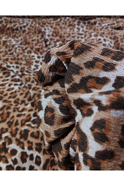 Kumaş Parça Coffee Orange Leopard Pattern Jersey with Tassels (Width 160 cm X Length 240 cm)