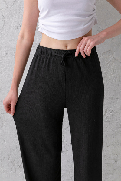 CNRCollection Pantaloni de damă negri cu talie elastică, cu șireturi, flexibi...