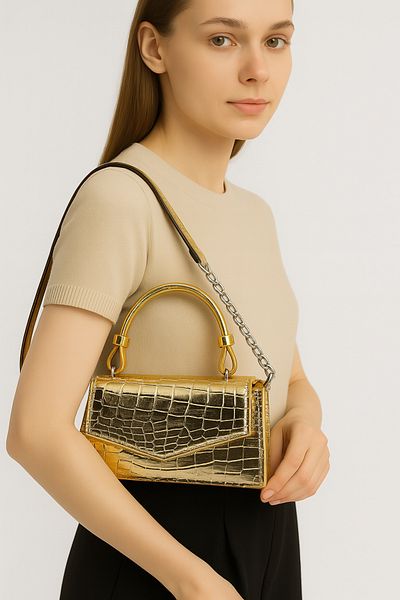 Silblack Shiny Patent Leather Shoulder and Hand Bag - Stylish Design Mini Model with Chain Strap
