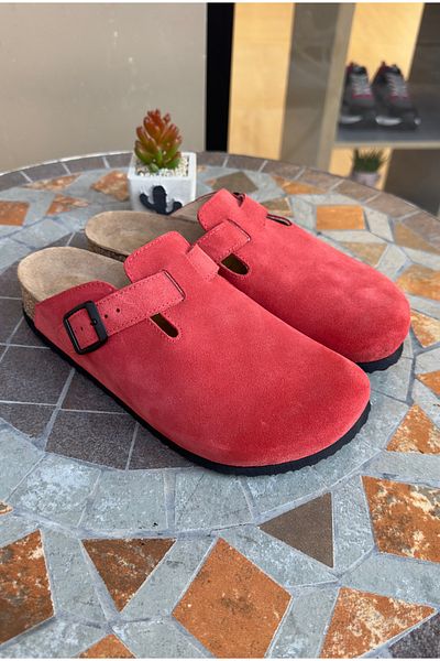 Lemoors Susana Natural Cork Genuine Suede Leather Pomegranate Flower Color Women's Sabo Slippers