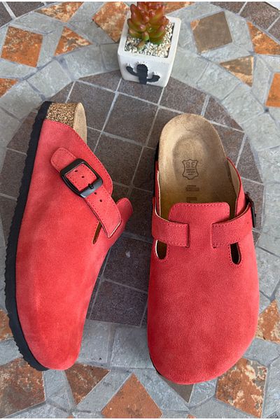 Lemoors Susana Natural Cork Genuine Suede Leather Pomegranate Flower Color Women's Sabo Slippers