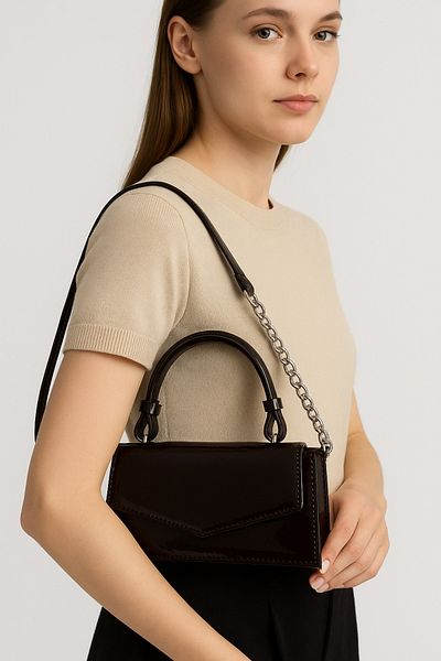 Silblack Shiny Patent Leather Shoulder and Hand Bag - Stylish Design Mini Model with Chain Strap