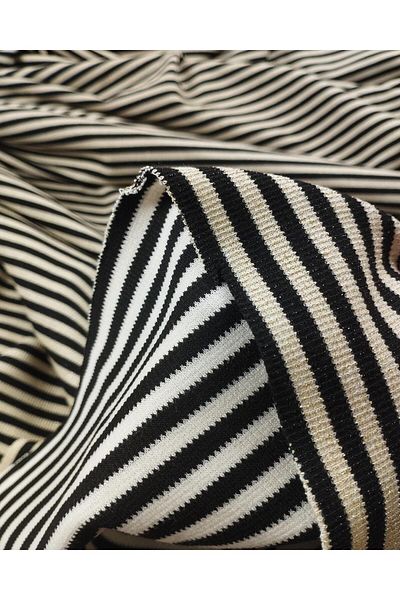 Kumaş Parça Beige Black Interlock Knitted with Transverse Lines (Width 140 cm X Length 190 cm)