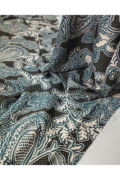 Kumaş Parça Anthracite Petrol Blue Cream Patterned Satin (Width 150 cm X Length 300 cm)