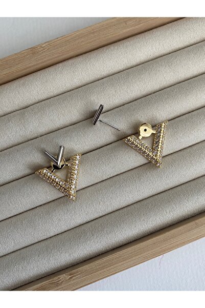 Pinery Jewels VIP SERİ - Zirkon Taşlı V Altın Kaplama Küpe Çifti