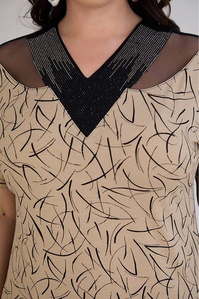 FOR ESRA BIG TREND Bluză de damă, mărime mare, cu model, cu decolteu în V, cu umăr, din tul, decolteu, cu fantă laterală, bluză elastică din viscoză