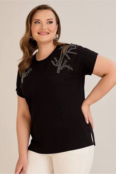 FOR ESRA BIG TREND Women's Plus Size Shoulder Stone Pattern Tulle Low-Cut Short Sleeve Side Slit Stretchy Viscose Blouse