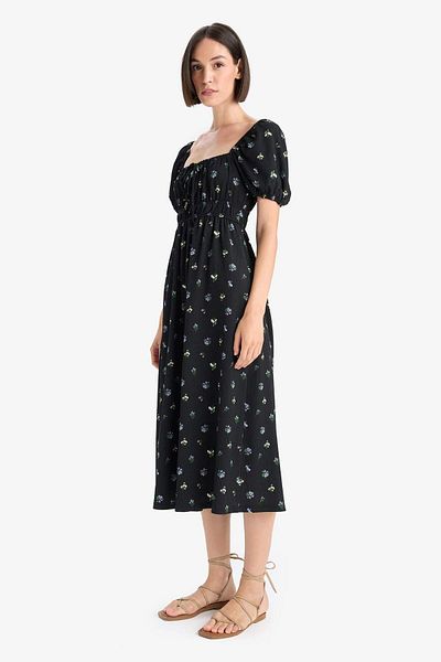 DeFacto Square Neck Floral Bürümcük Short Sleeve Midi Dress F8554Ax25Au