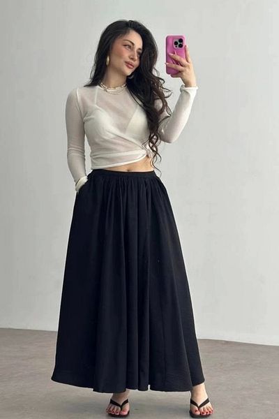 ufukmoda Linen Skirt with Pockets Black Kz24
