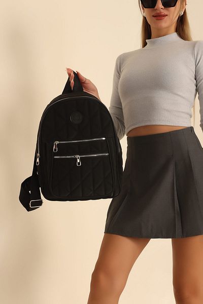 MILANOFOX Three Compartment Diamond Stitching Detailed Quilted Backpack Black