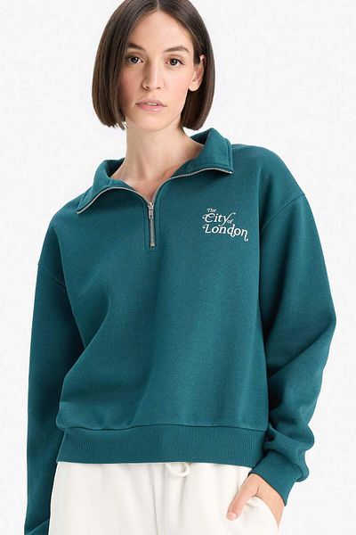 DeFacto Regular Fit Half Zipper Printed Thick Sweatshirt F1067Ax25Au