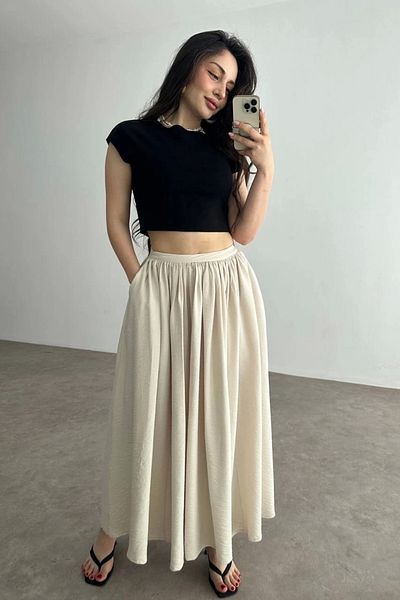 ufukmoda Pocketed Linen Skirt Beige Kz24
