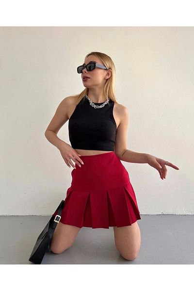 ufukmoda Six Wide Pleated Skirt Burgundy S24729