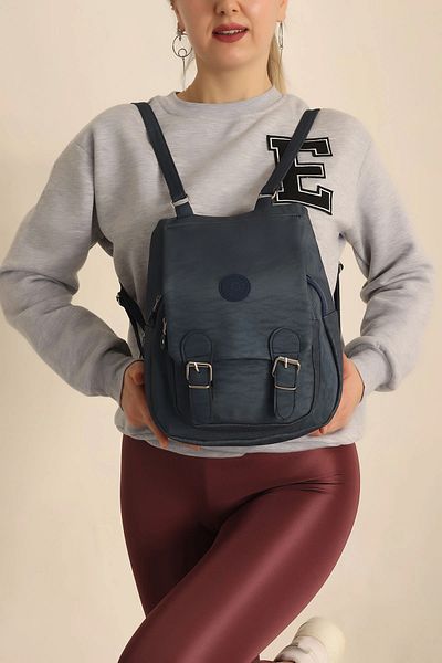 MILANOFOX Double Compartment Covered Crinkle Fabric Women's Backpack and Shoulder Bag Navy Blue