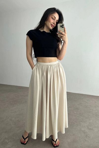 zarifkadın Pocketed Linen Skirt Beige Kz24
