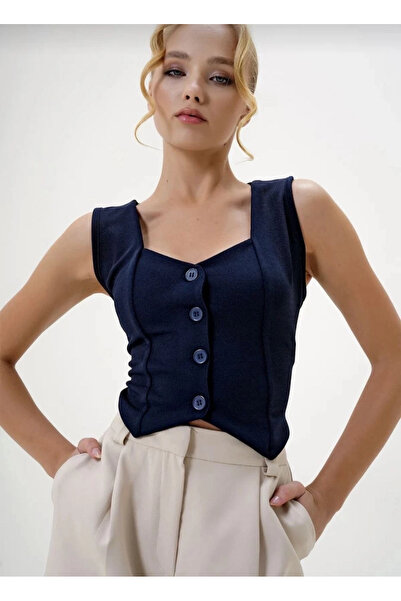 meSga butik Crepe Fabric Button Vest Navy Blue S3395