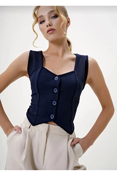 meSga butik Crepe Fabric Button Vest Navy Blue S3395