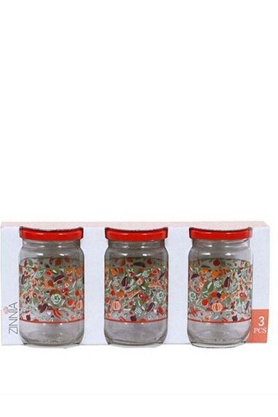 Zinnia Vegetables 3 Pieces Set Glass Jar 370 Ml Red Lid Decorated With Modern Colors