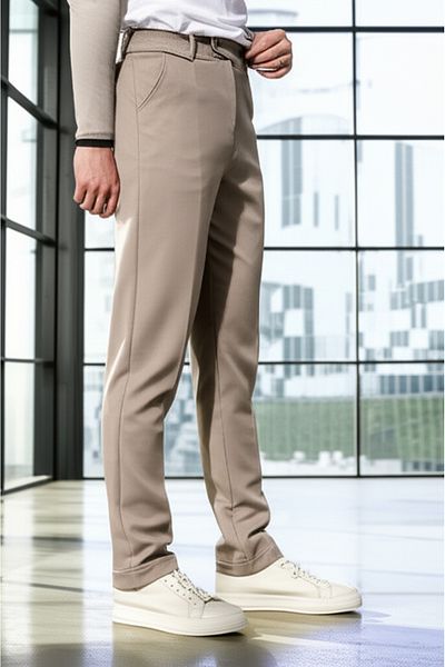 hello7 Men's Tapered Beige Smart Casual Pants