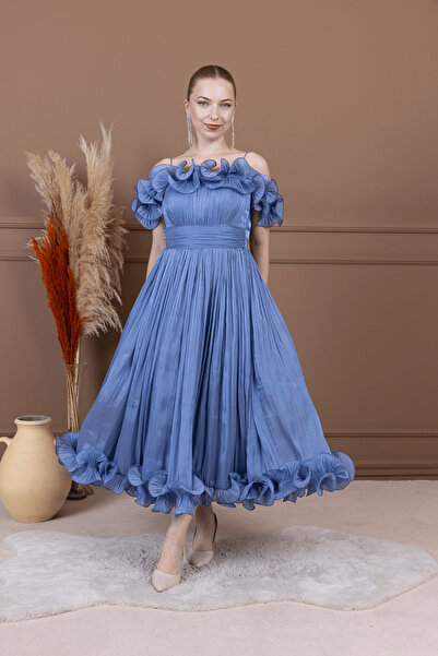 BEYBOS Şifon Kumaş Volan Detaylı Midi Elbise - İNDİGO MAVİ