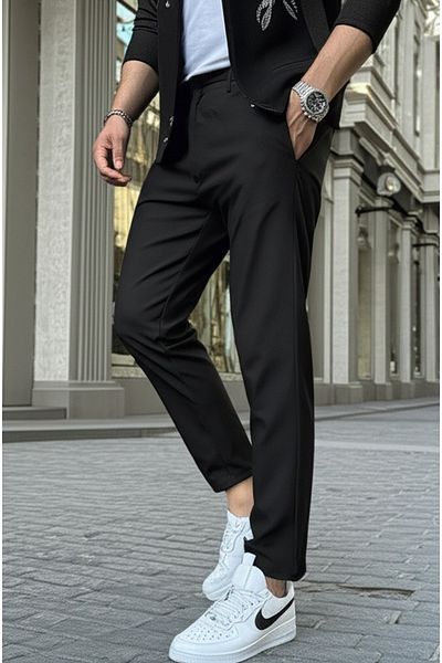 hello7 Men's Black Slim Fit Ankle Leg Fabric Trousers