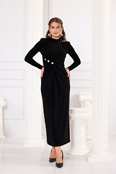 Moda Palmiss Γυναικείο βραδινό φόρεμα με μακρυμάνικο μαύρο κουμπί με λεπτομέρειες