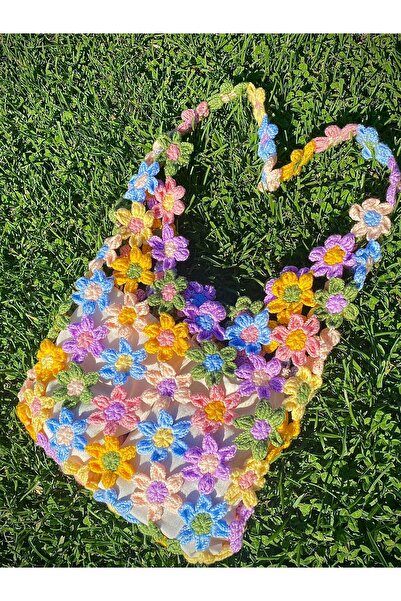 mor kedi Renkli Çiçek Çanta El Yapımı Örgü Omuz Çantası (2 adet 15*20 eşya kesesi hediyeli)