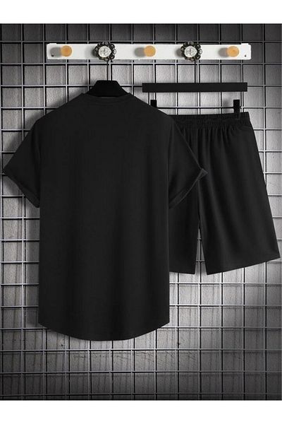 DEEPSENCE Set de 2 tricouri și pantaloni scurți pentru bărbați, negru, din bumbac pieptănat, PLAIN