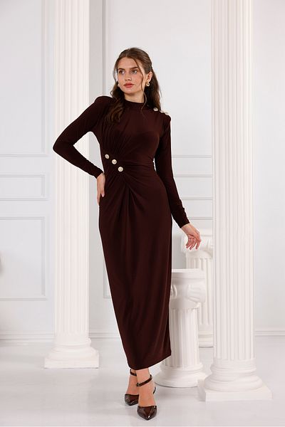 Moda Palmiss Γυναικείο βραδινό φόρεμα με λεπτομέρεια με κουμπιά Bitter Brown
