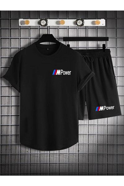 DEEPSENCE Set de 2 tricouri și pantaloni scurți pentru bărbați, negru, din bumbac pieptănat, imprimare MPOWER