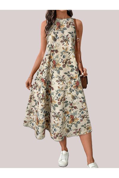 JANES Women's Zero Sleeve Round Neck Patterned Imported Linen Midi Dress