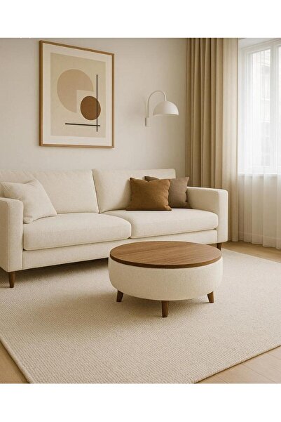 ZİERRA Yeni Nesil Modern Yuvarlak Puf Ceviz Ahşap Orta Sehpa