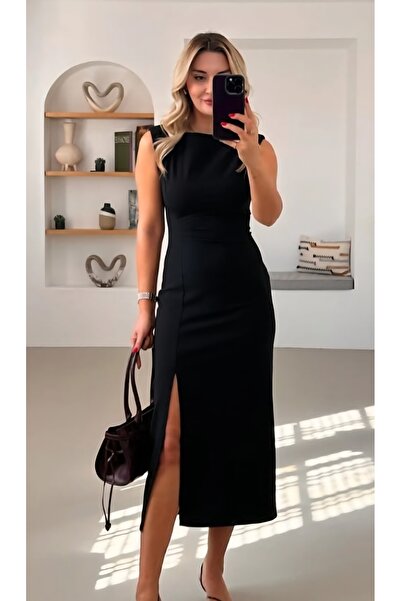 Gülen Moda Kadın Siyah Omuzu Vatkalı Şık Gece Elbisesi