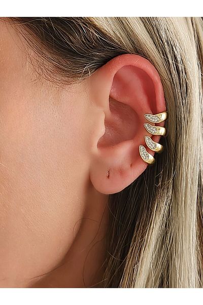 Eva Takı Store Wave Model Zircon Stone Non-Hole Cartilage Earrings