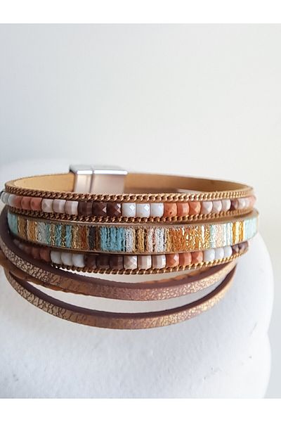 BHR AKSESUAR Brown Faux Leather Stone Boho Style Bracelet