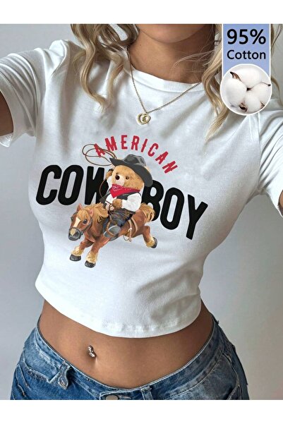 StartMore تي شيرت نسائي أبيض مطبوع عليه دمية دب رعاة البقر الأمريكي