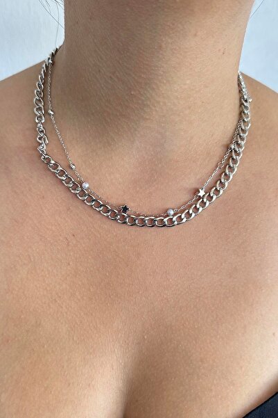 TAKIŞTIR Silver Color Star Figured Pearl Detailed Double Necklace
