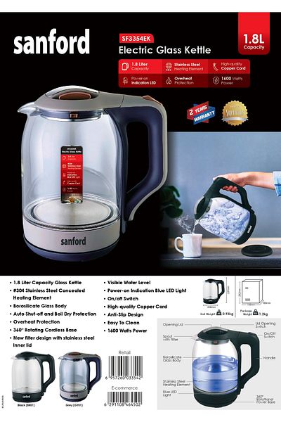 Sanford Sanford 1.8L Electric Glass Kettle with Auto Shut-Off and Indicator Light - SF3354EK