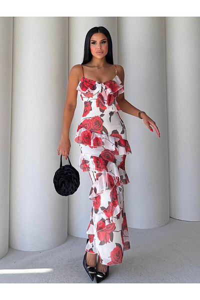 Bak'ap Premium Design Trend Kedd Ruffle Detail Maxi Floral Rose Print Chiffon Dress