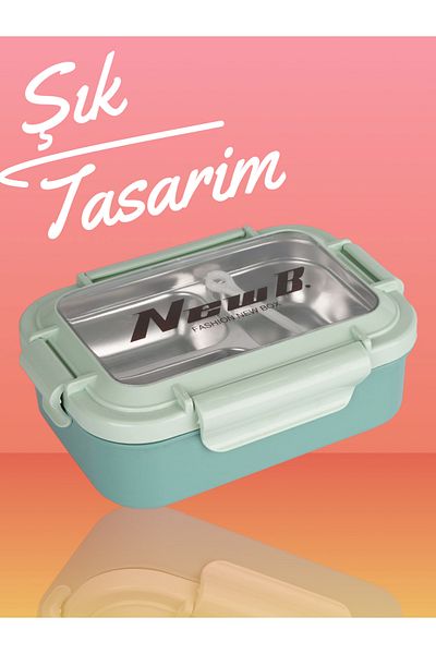 Relaxion Three Compartments, Stainless Steel, Green Food Storage and Transport Container/Box 1000 Ml. (463)