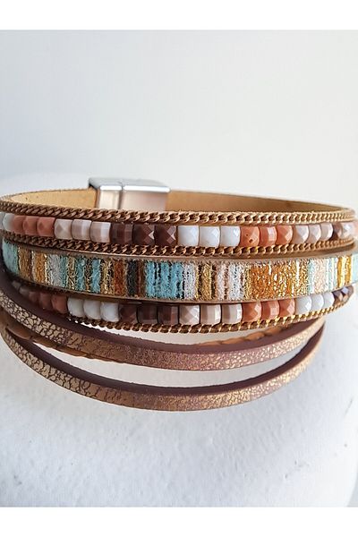BHR AKSESUAR Brown Faux Leather Stone Boho Style Bracelet