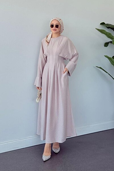 Hazamoda Eyfel Kuşaklı Elbise Bej